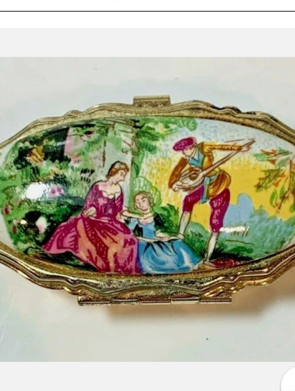 Hand-Painted Enamel / Porcelain Gold-Tone Trinket Box - Multicolor